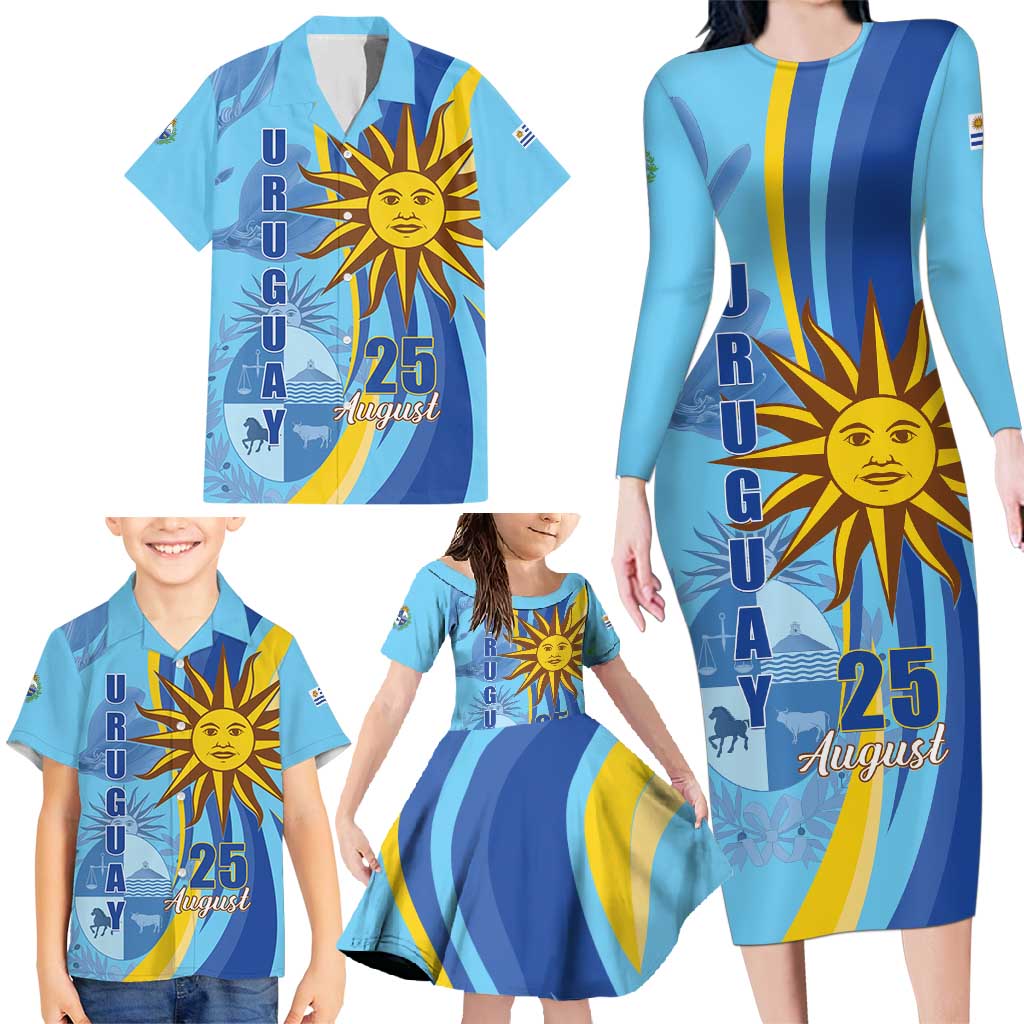 Uruguay Independence Day Family Matching Long Sleeve Bodycon Dress and Hawaiian Shirt Sol de Mayo Erythrina Crista Galli - Wonder Print Shop