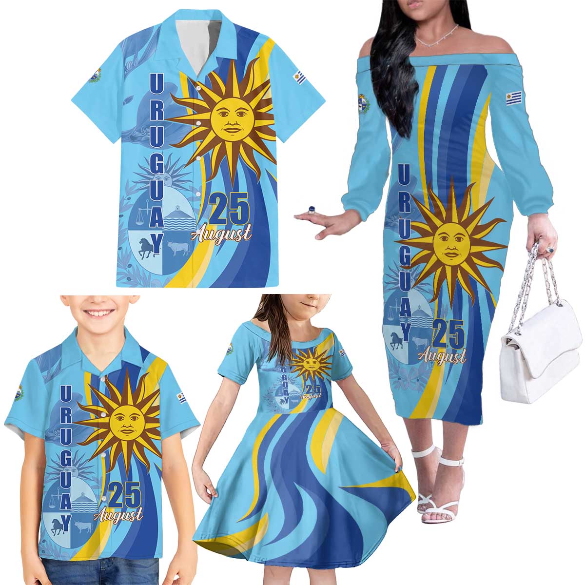 Uruguay Independence Day Family Matching Off The Shoulder Long Sleeve Dress and Hawaiian Shirt Sol de Mayo Erythrina Crista Galli - Wonder Print Shop