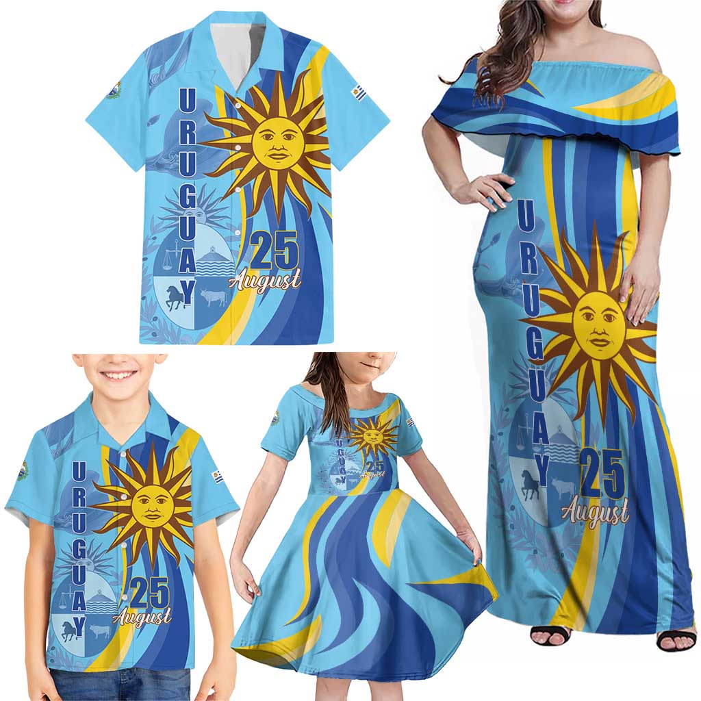 Uruguay Independence Day Family Matching Off Shoulder Maxi Dress and Hawaiian Shirt Sol de Mayo Erythrina Crista Galli - Wonder Print Shop