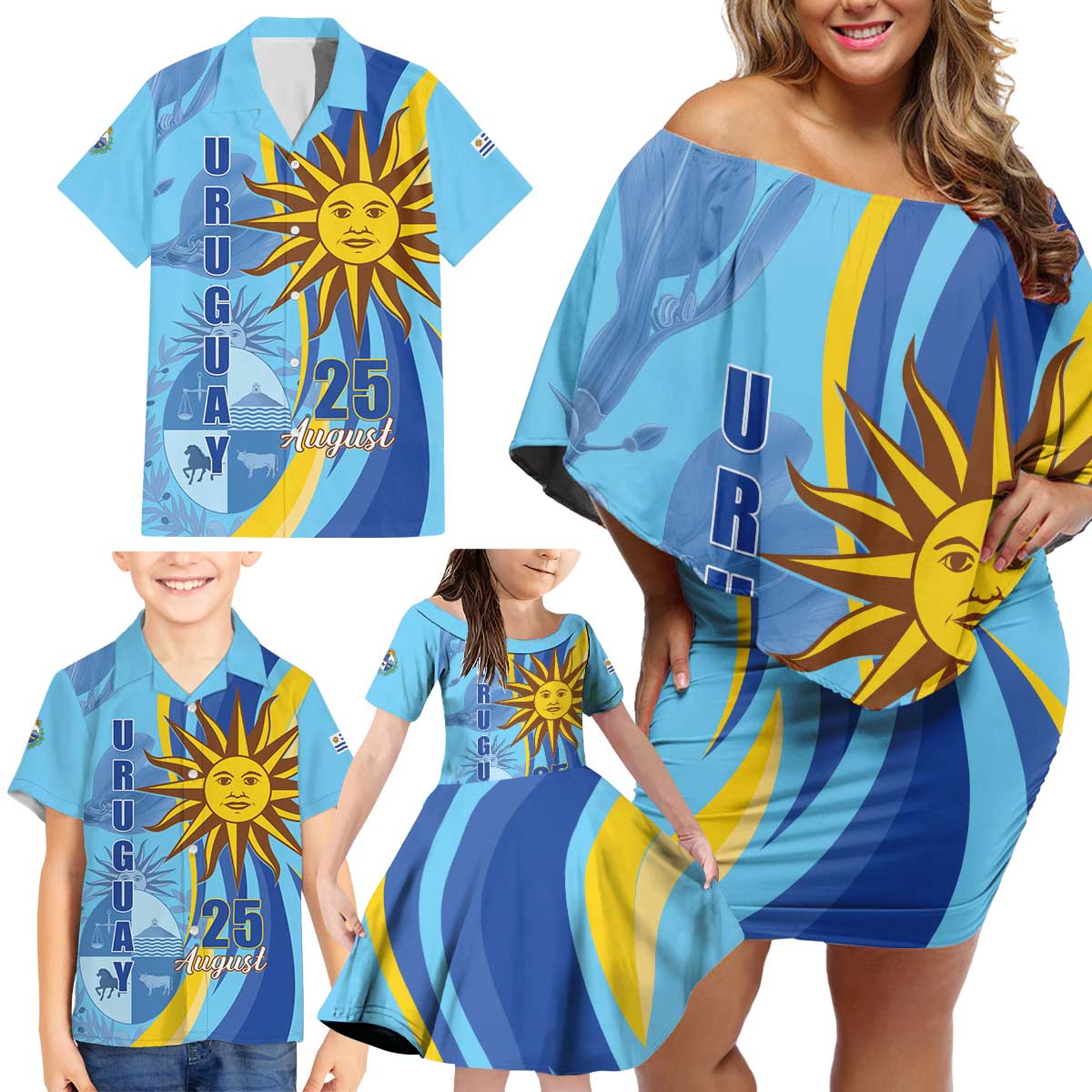 Uruguay Independence Day Family Matching Off Shoulder Short Dress and Hawaiian Shirt Sol de Mayo Erythrina Crista Galli - Wonder Print Shop