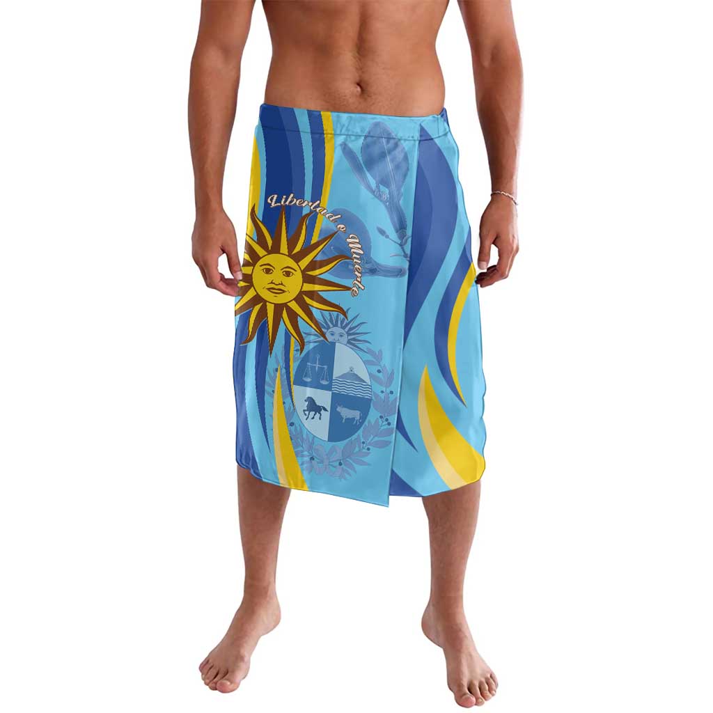 Blue printed lavalava sarong, full front view with yellow sun and map design