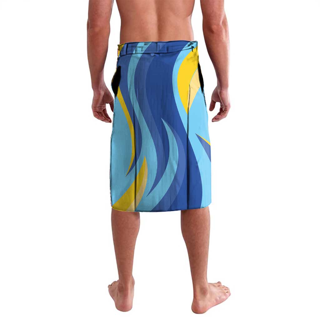 Blue printed lavalava sarong with abstract wave and crescent yellow accents