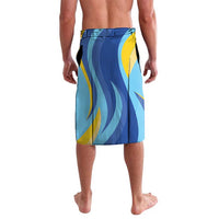 Blue printed lavalava sarong with abstract wave and crescent yellow accents