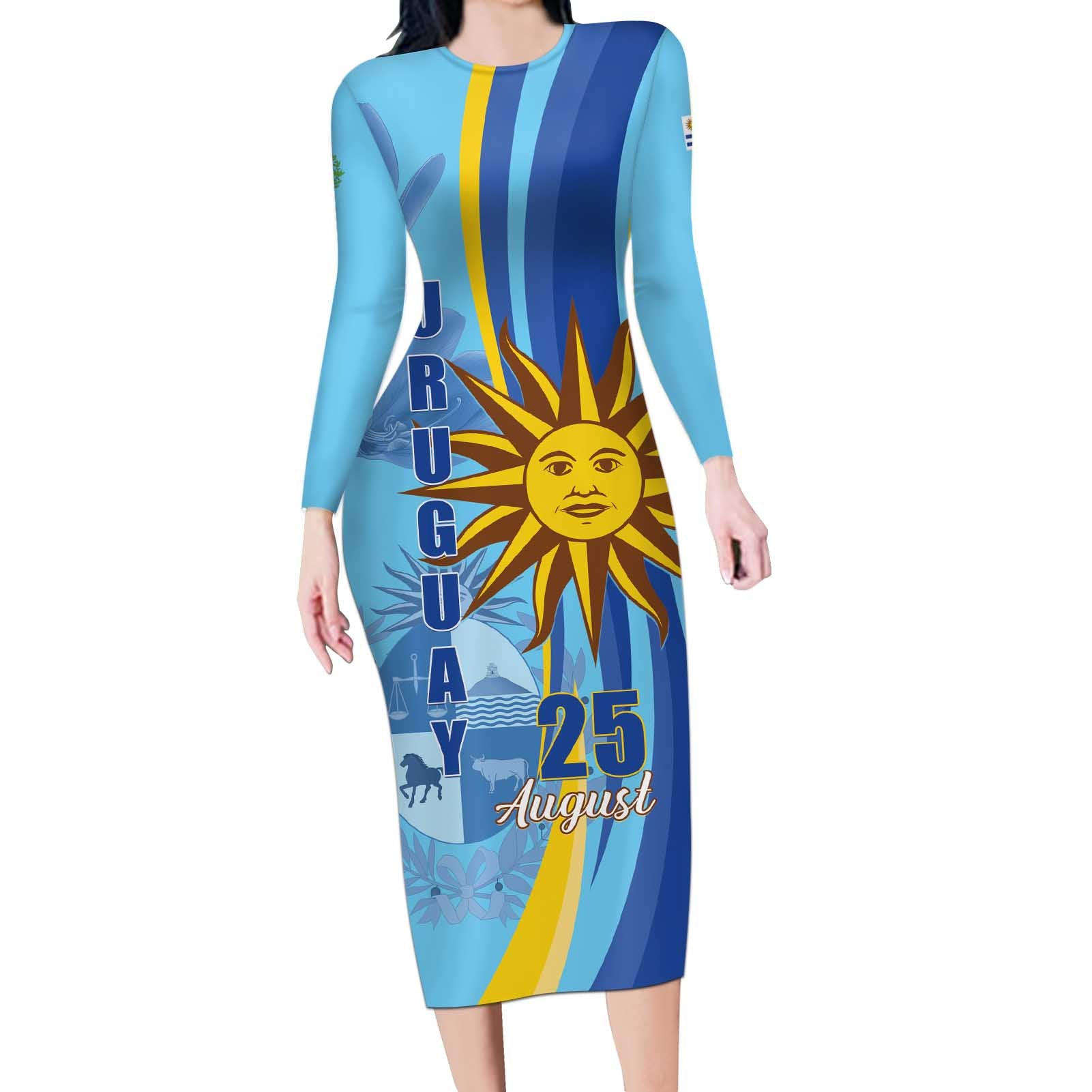 Uruguay Independence Day Long Sleeve Bodycon Dress Sol de Mayo Erythrina Crista Galli - Wonder Print Shop