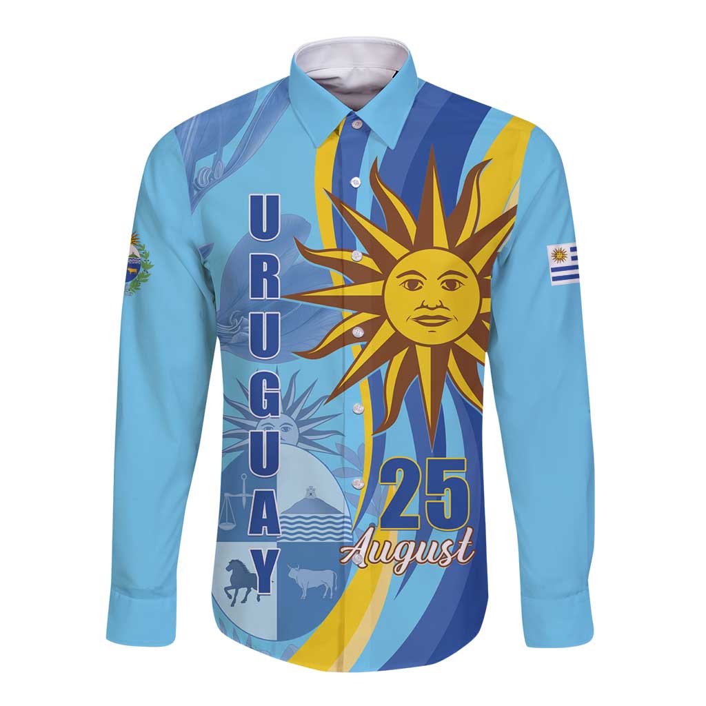 Blue long-sleeve button shirt with front sunburst and 25 August graphic