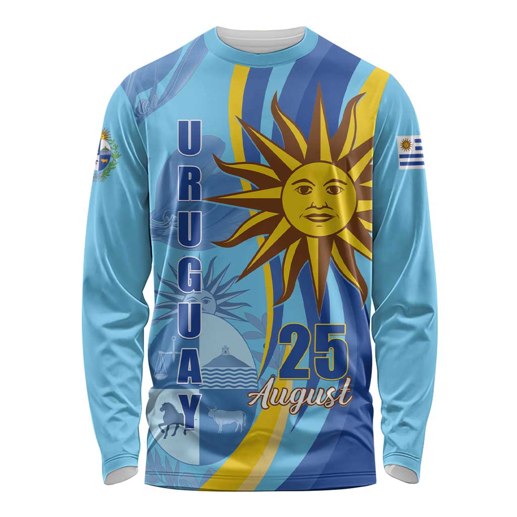 Light blue long-sleeve Independence Day shirt with gold sun graphic and “25 August” text