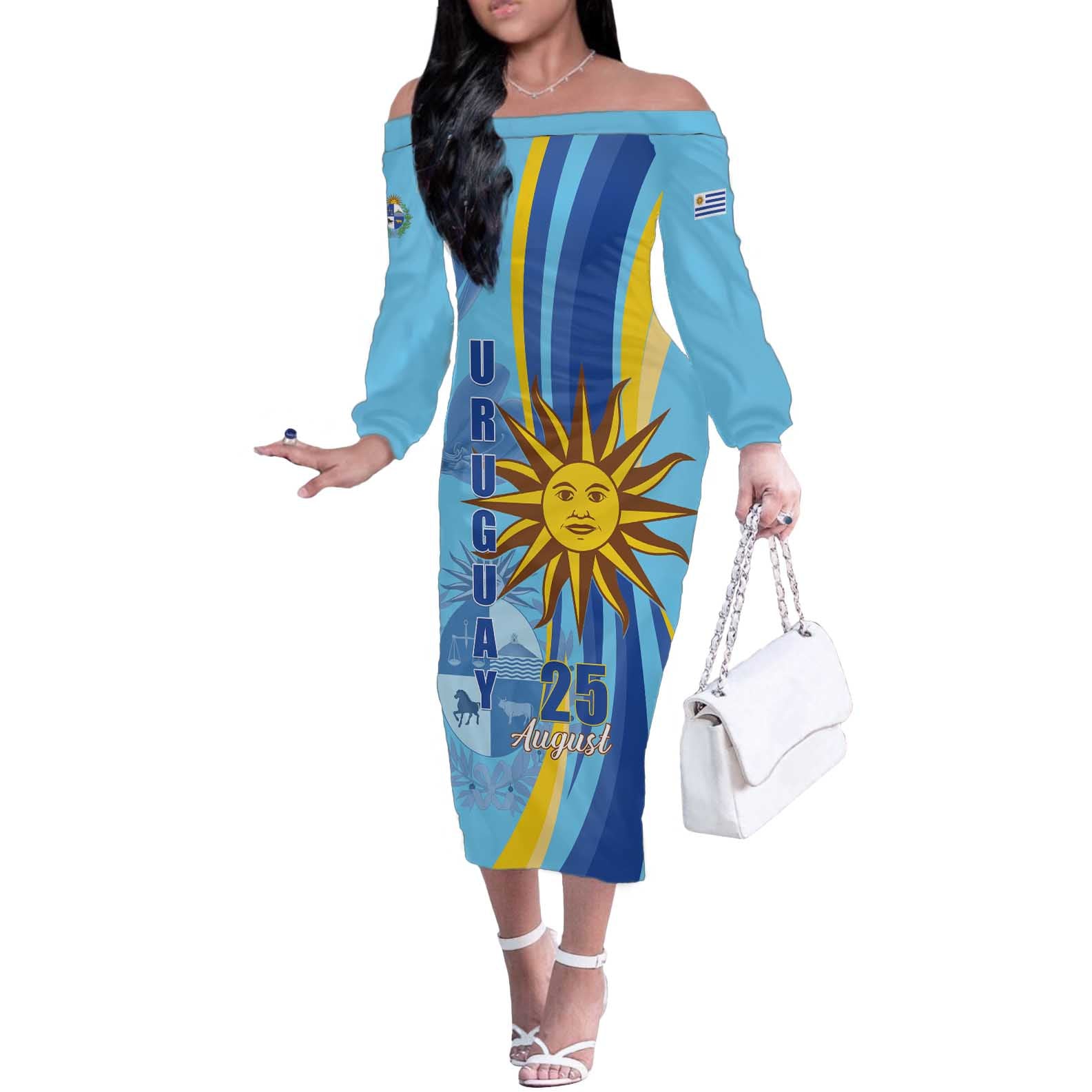 Uruguay Independence Day Off The Shoulder Long Sleeve Dress Sol de Mayo Erythrina Crista Galli - Wonder Print Shop