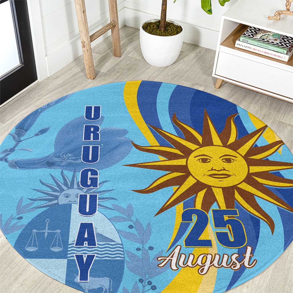 Round blue rug with yellow sun face, “25 August” and “URUGUAY” lettering
