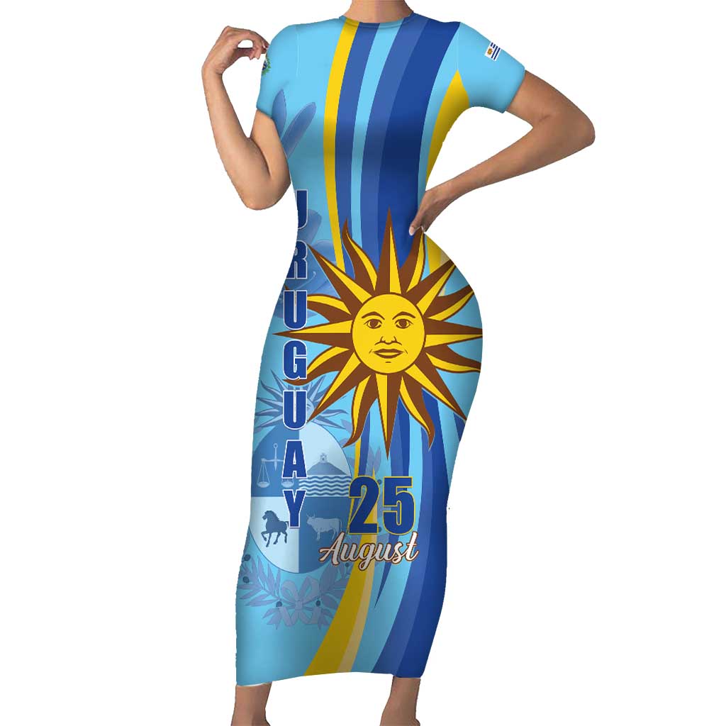 Uruguay Independence Day Short Sleeve Bodycon Dress Sol de Mayo Erythrina Crista Galli - Wonder Print Shop