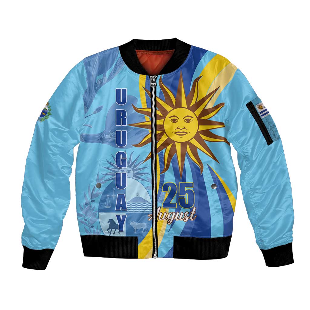 Unisex blue satin bomber jacket with front zip, black ribbed cuffs, graphic panel front