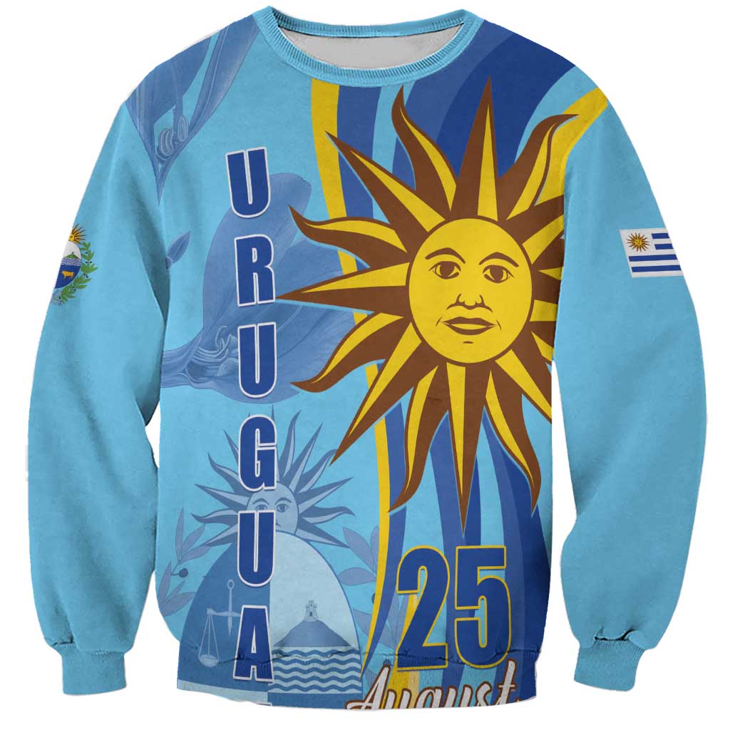 Unisex blue sweatshirt with large sun graphic and Uruguay-themed icons, front view.
