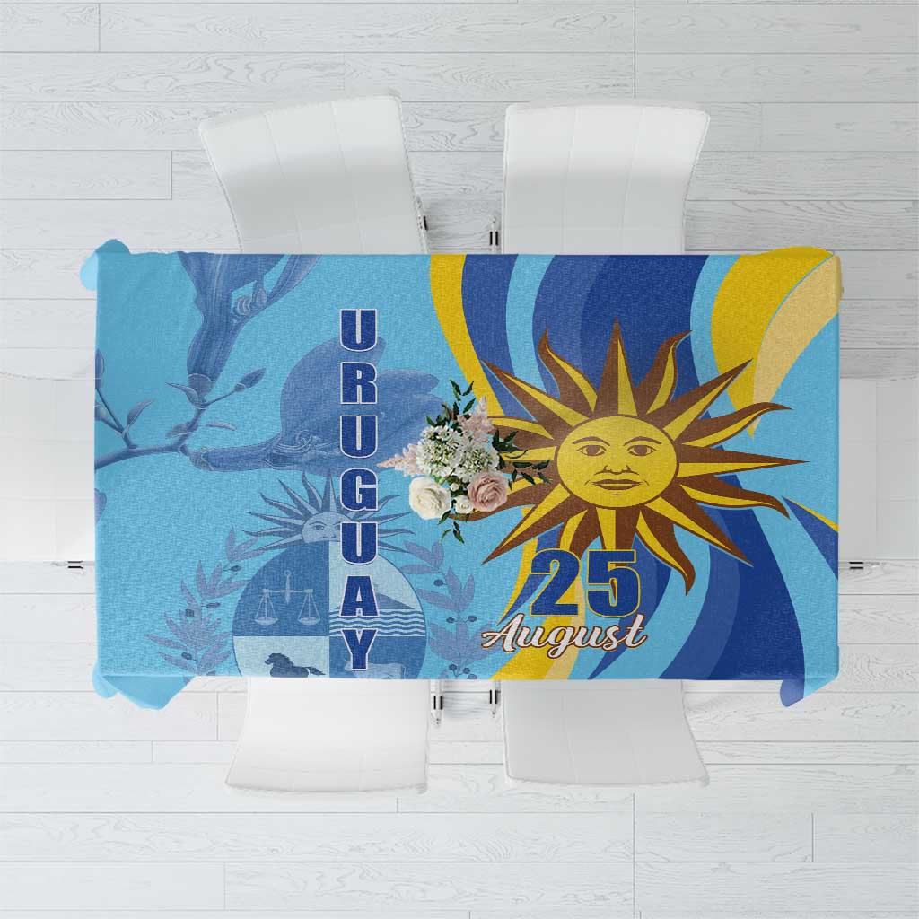 Blue patriotic tablecloth with sun emblem, yellow stripes, and August 25 text