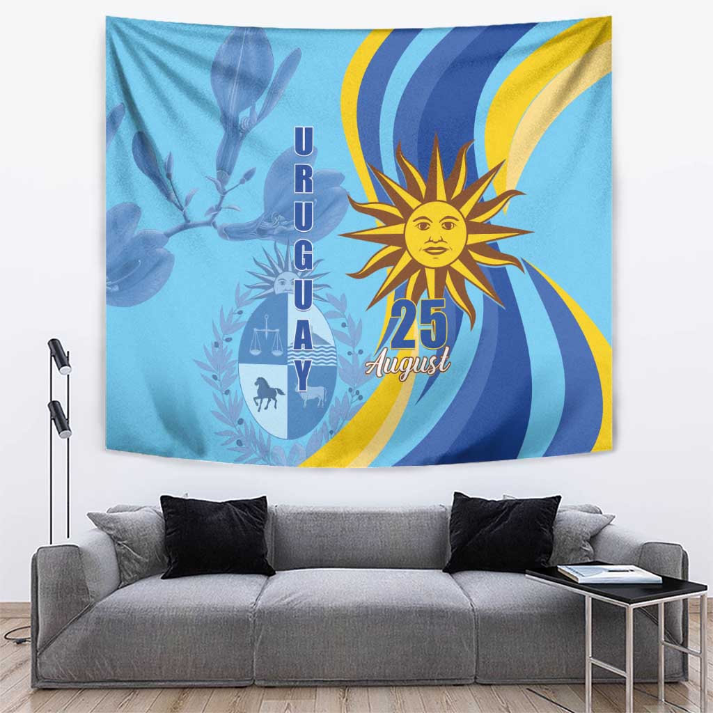 Sky-blue tapestry with sun icon, yellow/blue wave stripes, and 25 August design.