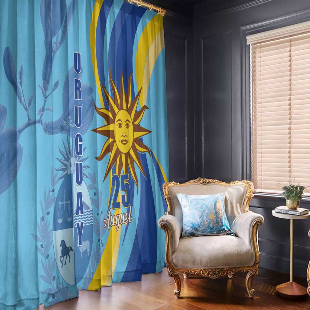 Blue window curtain with large sun face motif, “25 August” text, and yellow accents.