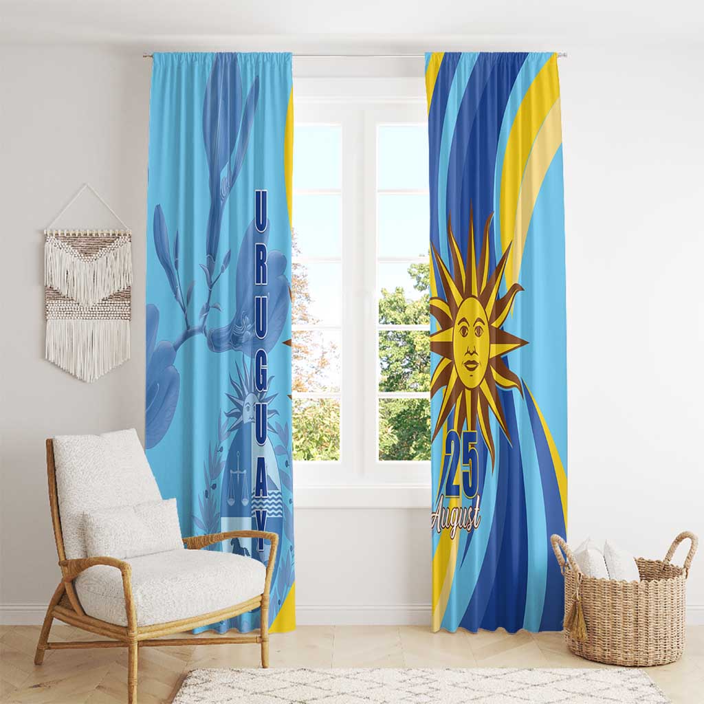 Blue window curtain with tall sun face graphic and vertical “URUGUAY” lettering strip.