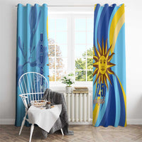 Blue window curtain with sun emblem and “25 August” text, paired with “URUGUAY” strip.