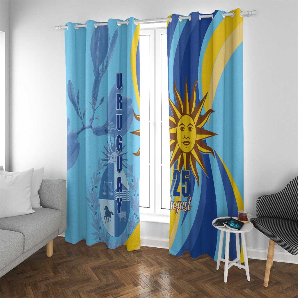 Blue window curtain set with hanging hooks, sun face “25 August” print, and yellow stripes.