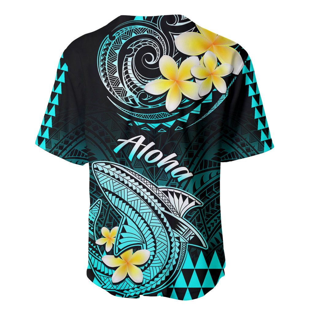 Turquoise and black shark baseball jersey with Aloha on back and floral tribal print