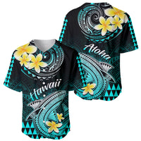 Turquoise and black shark baseball jersey, floral and tribal Aloha print on two views