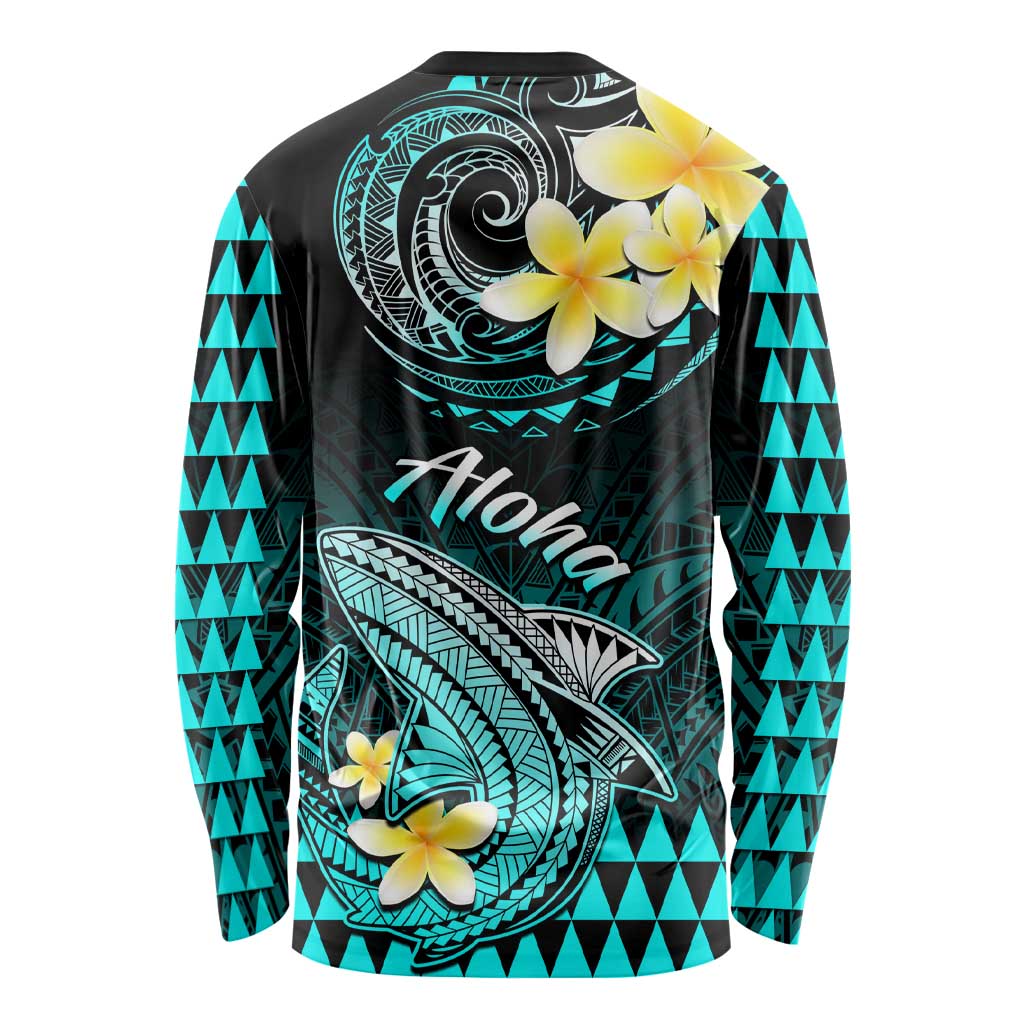 Unisex long-sleeve shirt, black with turquoise shark, floral, and 'Hawaii' script