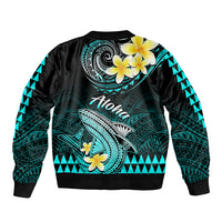 Unisex zip bomber jacket with turquoise tribal patterns, shark motif, and hibiscus flowers
