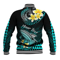Black and turquoise baseball jacket with tribal shark design, flower graphics, striped collar