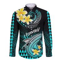 Turquoise and black long-sleeve button shirt with shark graphic, plumeria flowers, and Hawaii text