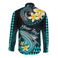 Back view of turquoise and black long-sleeve button shirt with shark artwork, plumeria, and Your Text