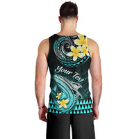 Men's black tank top back print with turquoise shark, hibiscus flowers, 'Your Text'