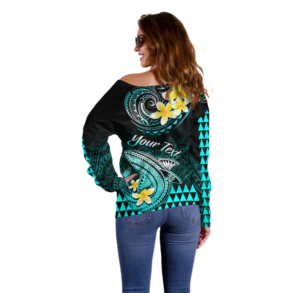Women’s off-shoulder sweater, black with turquoise back shark graphic and yellow flower accents, “Your Text”