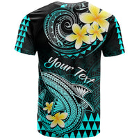 Personalised shark graphic T-shirt, black with turquoise plumeria, 'Your text' and circular design