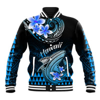 Black varsity baseball jacket with blue Polynesian shark graphic, floral accents, rib trim