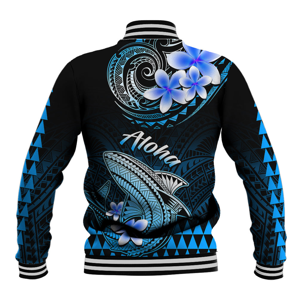 Black varsity baseball jacket with blue Polynesian shark back print and floral accents, rib trim