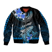 Black and blue unisex bomber jacket with zip front, shark and floral Polynesian print