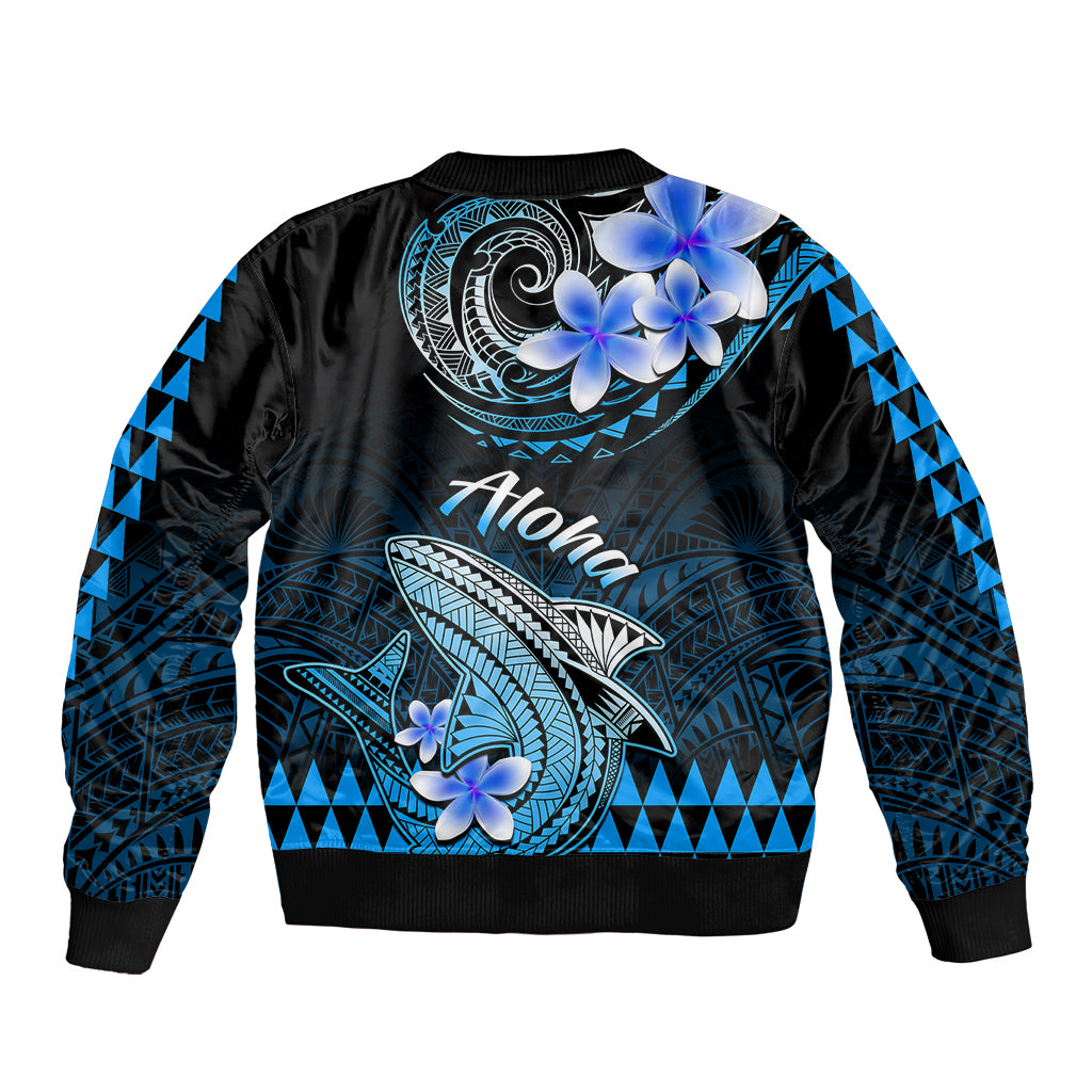 Black and blue bomber jacket with back Polynesian shark, plumeria flowers, ribbed hem