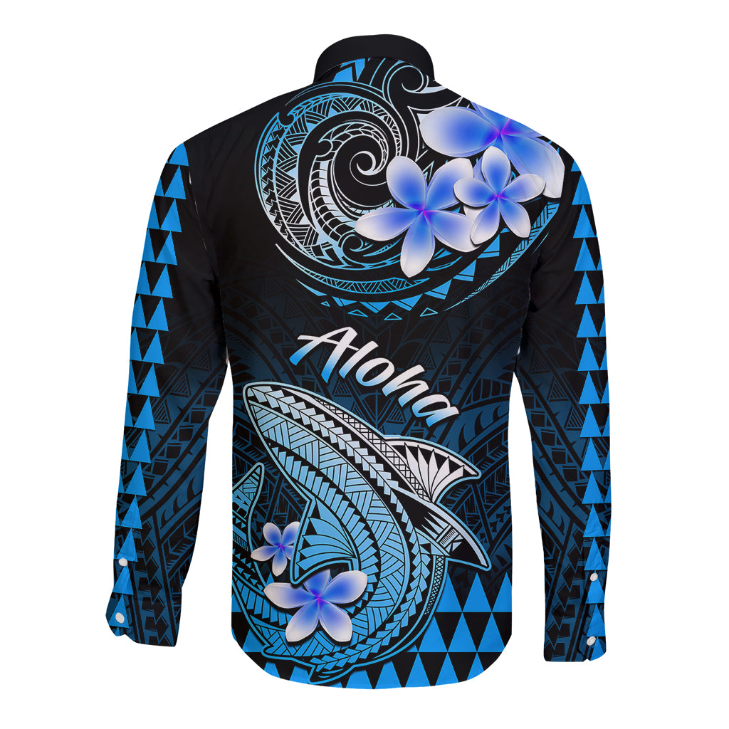 Long-sleeve button shirt, blue floral shark print with Aloha text on black