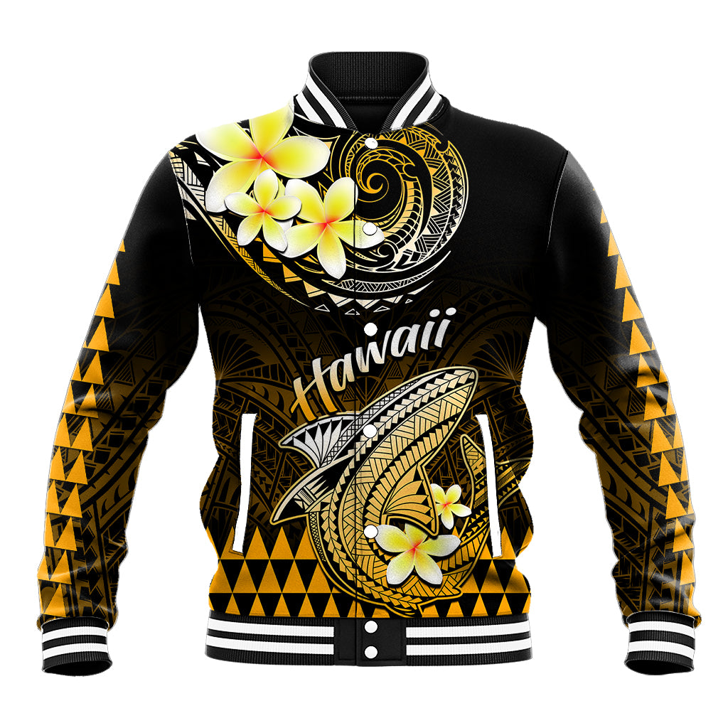 Unisex black baseball jacket with gold shark and plumeria front graphic