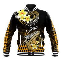 Unisex black baseball jacket with gold shark and plumeria front graphic