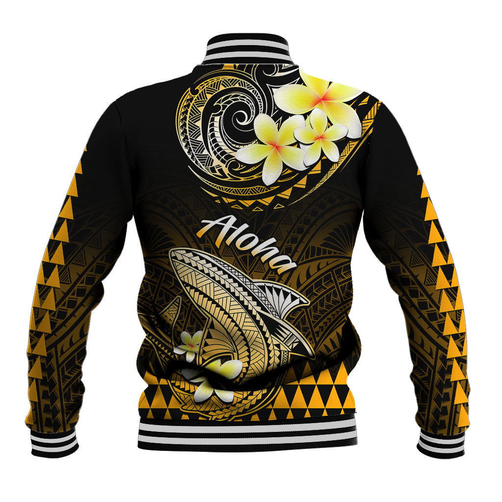 Unisex black baseball jacket with gold shark and plumeria back graphic