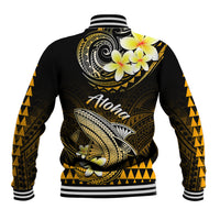 Unisex black baseball jacket with gold shark and plumeria back graphic