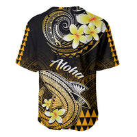 Black and gold Hawaii baseball jersey, Aloha on back with tribal shark art and hibiscus flowers.