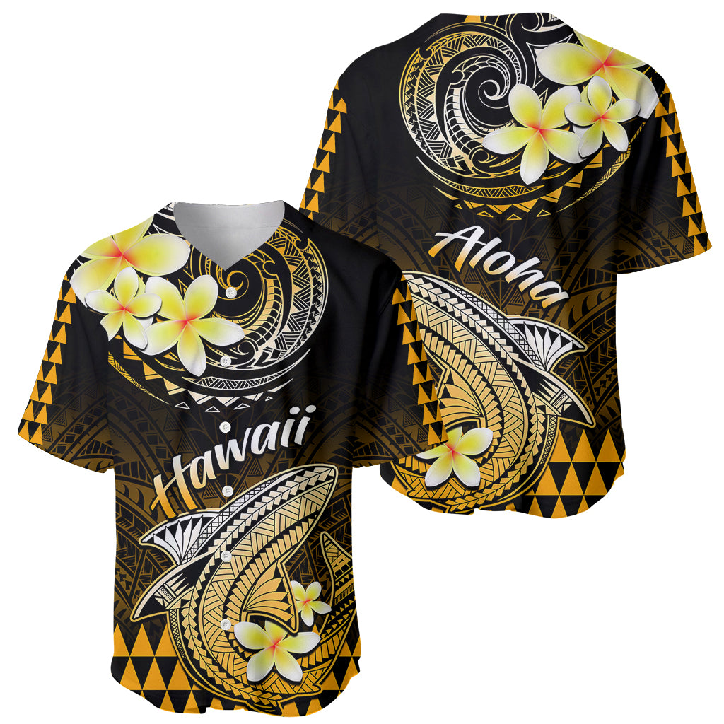 Black and gold Hawaii baseball jerseys (front/back) with shark art, Aloha text, hibiscus flowers.