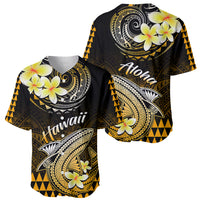 Black and gold Hawaii baseball jerseys (front/back) with shark art, Aloha text, hibiscus flowers.