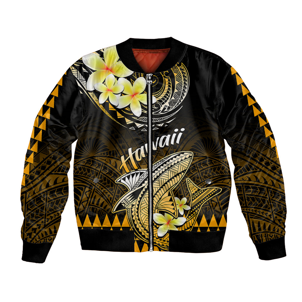 Unisex black bomber jacket with gold shark and plumeria floral graphic, front zip