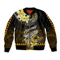 Unisex black bomber jacket with gold shark and plumeria floral graphic, front zip