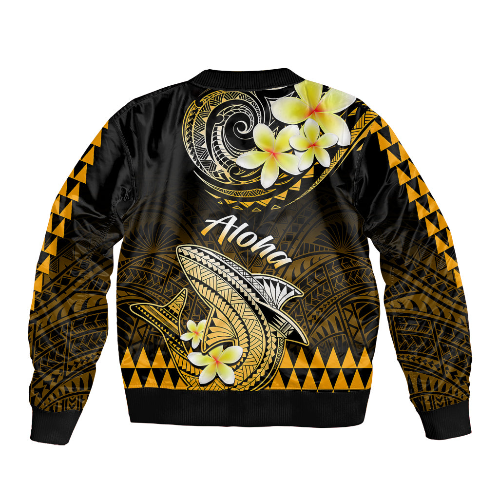 Unisex black bomber jacket with gold shark back print, plumeria flowers and Aloha text