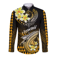 Long sleeve button shirt with Polynesian shark and plumeria print, black and gold