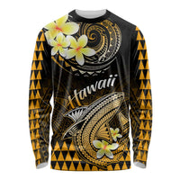 Long-sleeve shirt with black, gold shark and plumeria graphics; Hawaii script front