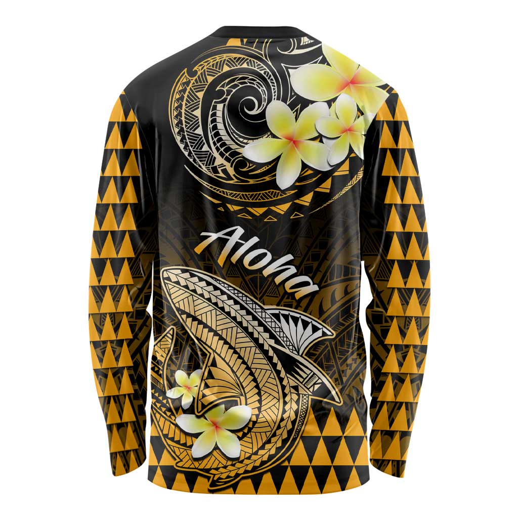 Long-sleeve shirt with back view black and gold shark, plumeria, Hawaii script