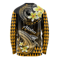 Long-sleeve shirt with back view black and gold shark, plumeria, Hawaii script